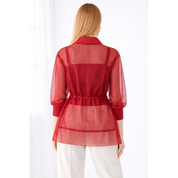 GSTQ Sheer Cinched Zip Jacket Valentine Red Gold Hardware Sz M Made in Portugal - Picture 3 of 9